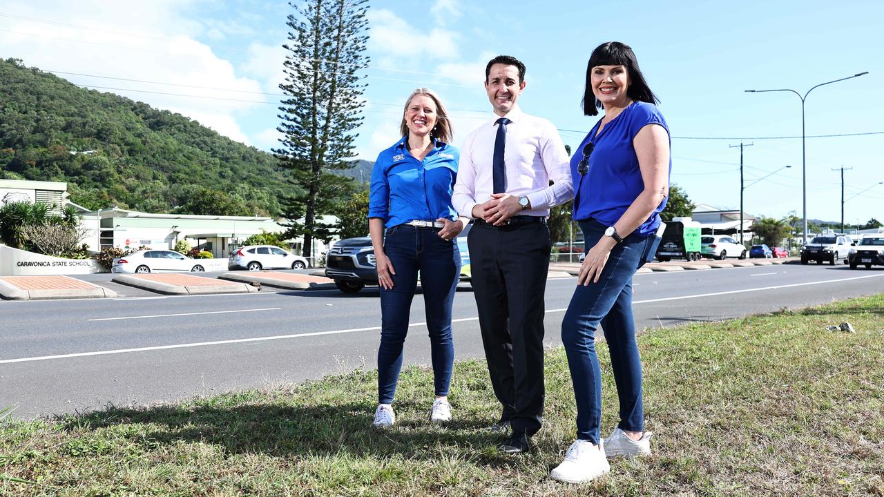 Queensland Opposition Leader David Crisafulli with his candidate for Barron River Bree James and candidate for Cairns Yolonde Entsch on the Western Arterial Road at Caravonica last month. Picture: Brendan Radke