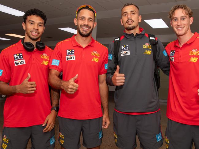 Malcolm Rosas, Ben Long, Joel Jeffrey and Sam Clohesy as the Gold Coast Suns land in Darwin for their AFL double header. Picture: Pema Tamang Pakhrin