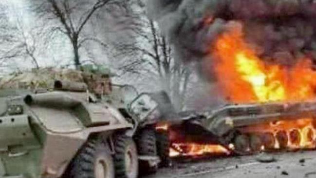 A Russian tanks destroyed by Ukrainian forces. Picture: Supplied