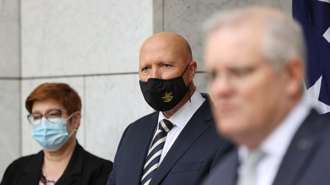 Foreign Minister Marise Payne with Defence Minister Peter Dutton and Scott Morrison. Picture: Gary Ramage