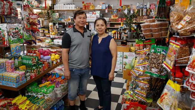 Tran Chi Thanh and Nga Vule in their Lucky Asian Grocery. Picture: Matt Turner