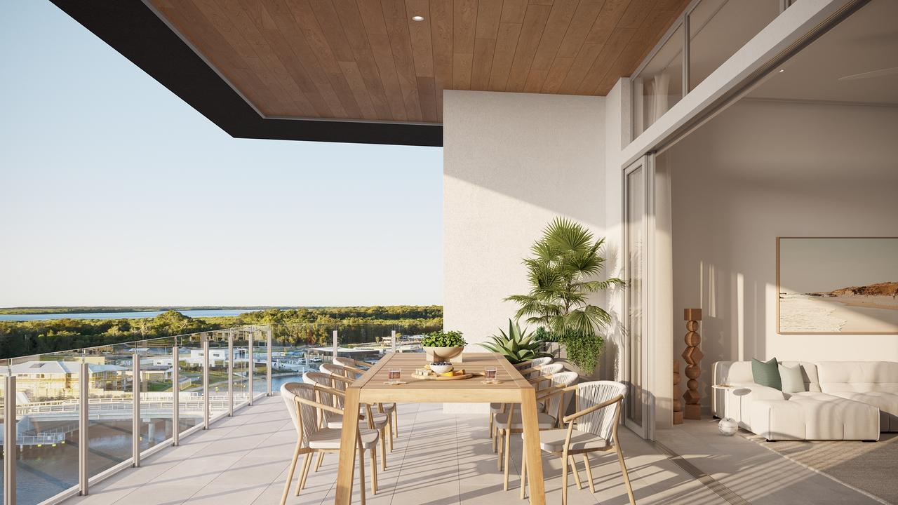 Balcony of the Comino luxury residential apartments at The Cove in Pelican Waters.