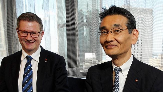 Andrew Hagger, chief executive of NAB Wealth and MLC chief executive with Hiroyoki Nishi, managing director of Nippon Life. Picture: Hollie Adams