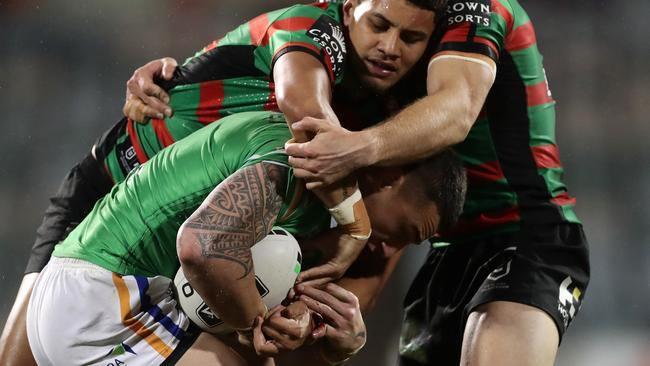 Raider Charnze Nicoll-Klokstad injures his little finger in a tackle. Picture: Mark Metcalfe/Getty Images