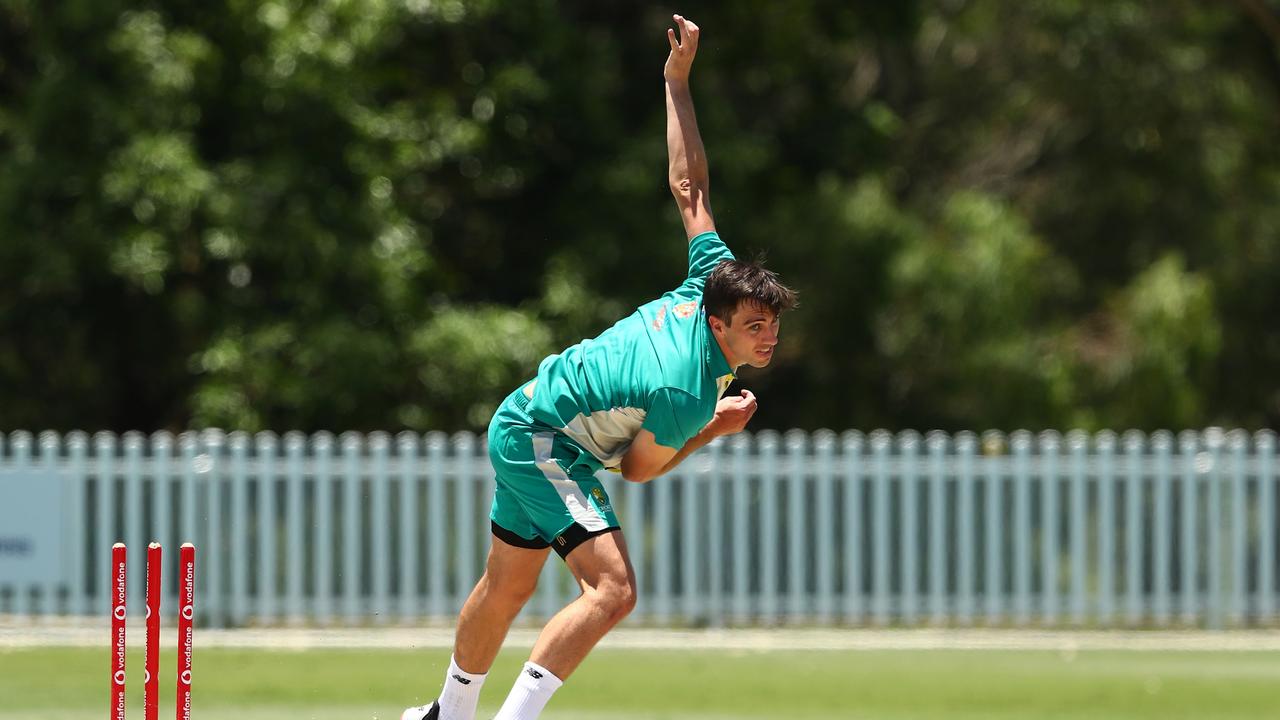 Australian captain Pat Cummins bowls during a training session at Norths Cricket Club. Photo by Chris Hyde/Getty Images