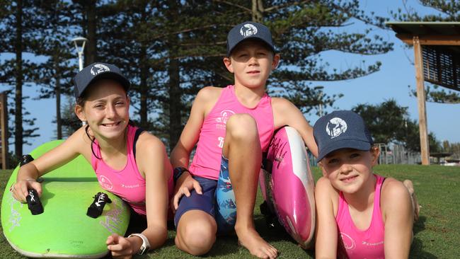 Byron Bay Surf Life Saving Club nippers Zara and Felix Monti and Phoebe Pockley. The club will take around 70 competitors to Forster.