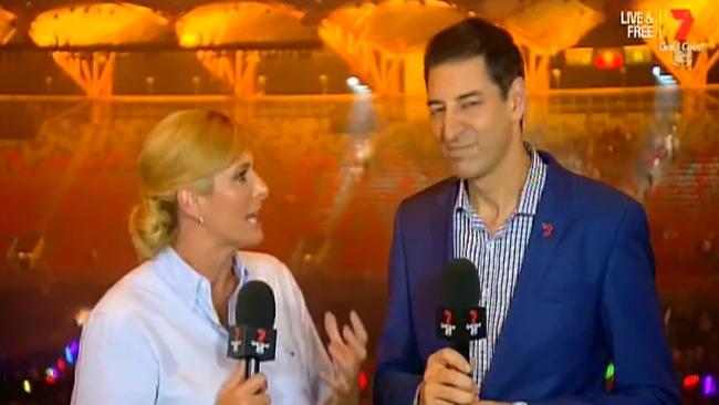 Joanna Griggs and Basil Zempilas after the closing ceremony. Picture: Channel Seven