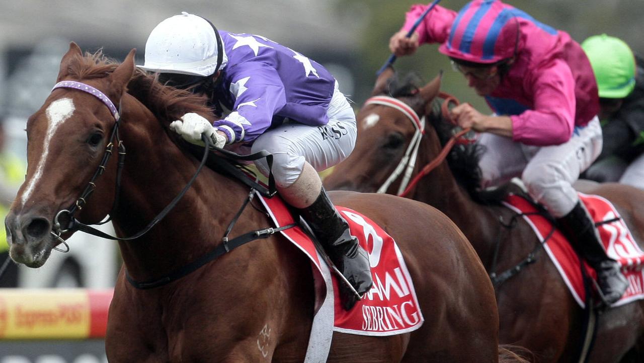 Race 7. Sebring (purple,white stars). Jockey Glen Boss. AAMI Golden Slipper Day held at Rosehill Gardens on Saturday.