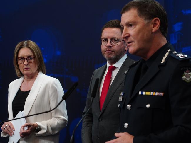 MELBOURNE AUSTRALIA - NewsWire Photos DECEMBER 9, 2024:Chief Commissioner Shane Patton, alongside Police Minister Anthony Carbines and Victorian Premier Jacinta Allan, give a press conference on last weekÃ¢â¬â¢s fire at a Ripponlea synagogue.Picture: NewsWire / Luis Enrique Ascui