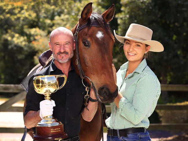 Gold Coast, QLD: Legendary jockey Glen Boss joins Astrid Vandenboss and T.J. the horse as the Melbourne Cup continues its tour at the Australian Outback Spectacular. Picture: Adam Head