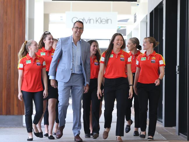 Harbourtown Centre Manager Greg Day announces their sponsorship for the Gold Coast Suns AFLW team and then shows the team around. Pictured from left is Georgia Breward, Alexia Hamilton, Cheyenne Hammond, Jade Pregelj, Hannah Dunn and Brittany Perry. Picture Glenn Hampson