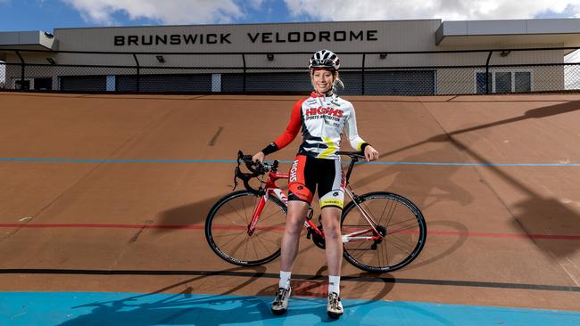 Ruby Roseman-Gannon trains at the Brunswick Velodrome in preparation for the Australian University Games in Brisbane this month. Picture: Mark Dadswell