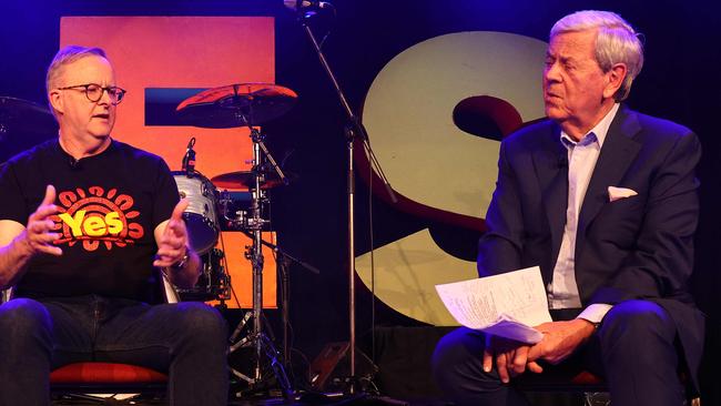 Anthony Albanese and Ray Martin on stage at the Factory Theatre. Picture: NCA NewsWire / Max Mason-Hubers