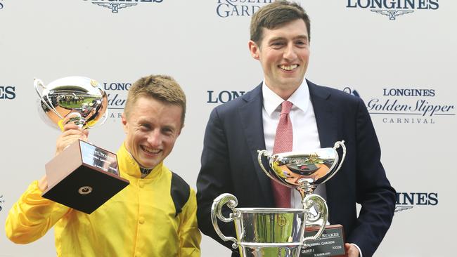 Tom Marquand and Haggas’ stable foreman Harry Eustace after winning the Ranvet Stakes. Picture: Mark Evans/Getty Images