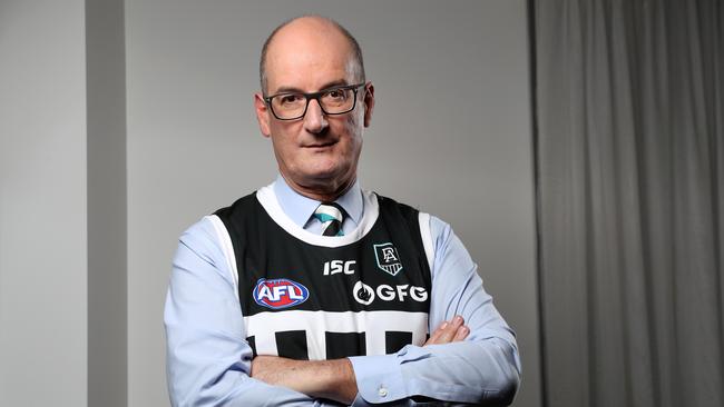 David Koch, Port Adelaide chairman, wearing the clubs black and white striped guernsey. The fight between Port Adelaide and Collingwood football clubs has heated up today with the fight over the wearing of the black and white guernsey referred to the AFL's legal department. Picture: Jonathan Ng