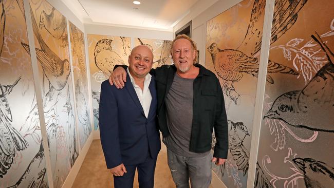 Larry Kestelman and David Bromley, who is the artist-in-residence for Kestelman’s new $800m building in Melbourne’s South Yarra. Picture: Stuart McEvoy
