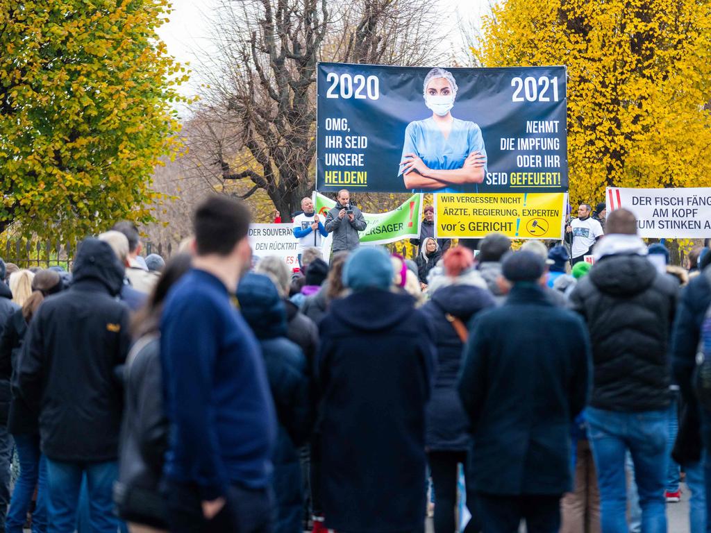 People take part in an anti-vaccination protest in Vienna. Picture: Georg Hochmuth/APA/AFP