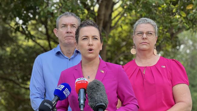 Chief Minister Lia Finocchiaro, Corrections Minister Gerard Maley and Attorney-General Marie-Clare Boothby reveal details of their flagship bail reform policy Declan's Law, to be introduced in the NT this month. Picture: Fia Walsh.