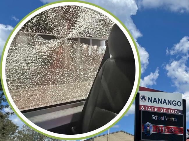 A taxi cab window was smashed with an object while driving past Nanango State School on Saturday.