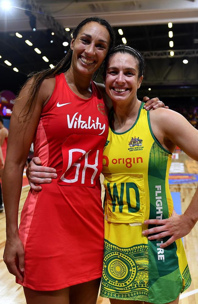 Geva Mentor with former Magpies teammate Ash Brazill during the 2023 Netball World Cup in 2023. Picture: Getty