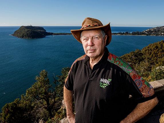 Laurie Bimson who claims to be a descendant of Aboriginal leader King Bungaree gives tour