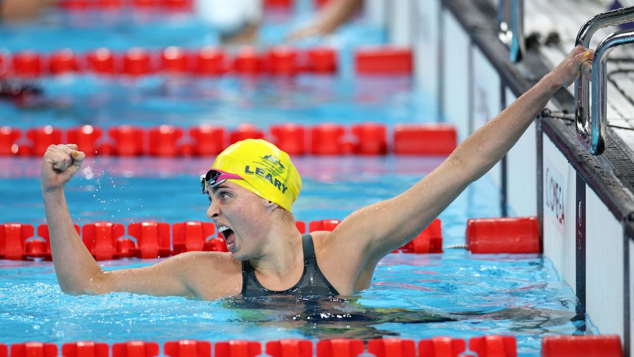 Leary reacts after setting a new world record in the women's 100m freestyle S9 heats – then she went one better in the final. Picture: Adam Pretty/Getty Images