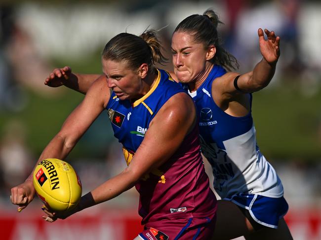 Brisbane take on North Melbourne in the AFLW grand final. Picture: Albert Perez/AFL Photos/via Getty Images