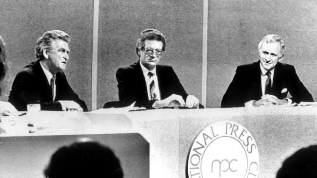 Prime Minister Bob Hawke and Andrew Peacock during the 1984 debate at the National Press Club in Canberra. Picture: Supplied