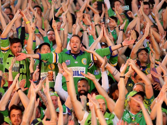 Raiders fans doing the viking clap at the 2019 NRL Grand Final between the Sydney Roosters and Canberra Raiders at ANZ Stadium, Sydney Olympic Park. Picture: Jonathan Ng