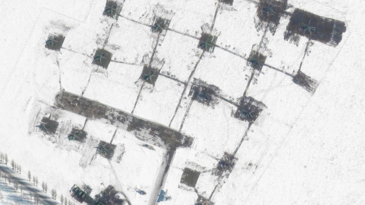 This satellite image released by Maxar Technologies shows a closer view of a new helicopter unit in Belgorod, Russia on February 13. Picture: AFP