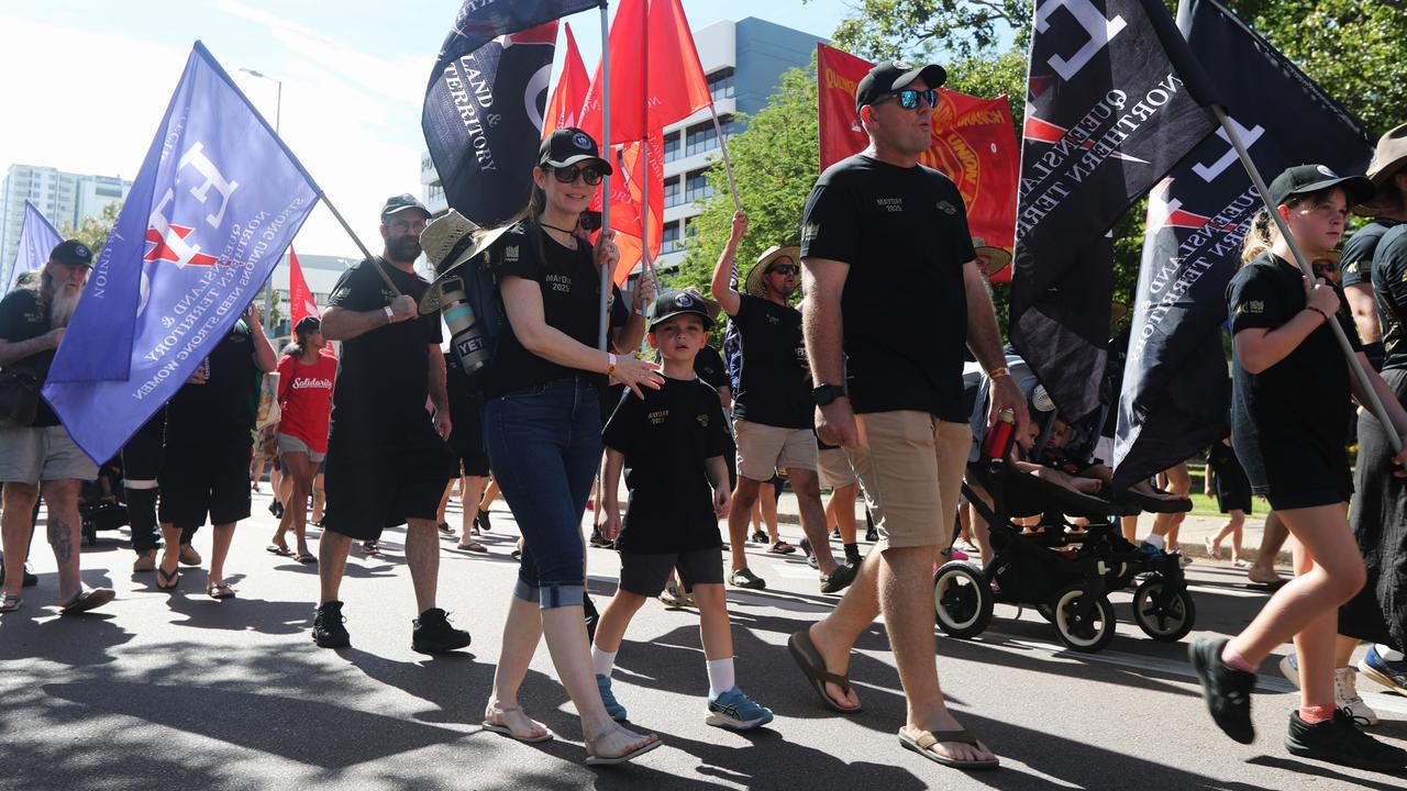 Hundreds of Territorians marched through Darwin for the annual May Day march, celebrating union victories including the eight-hour work week, on Monday, May 5. Picture: Zizi Averill