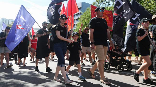 Hundreds of Territorians marched through Darwin for the annual May Day march, celebrating union victories including the eight-hour work week, on Monday, May 5. Picture: Zizi Averill