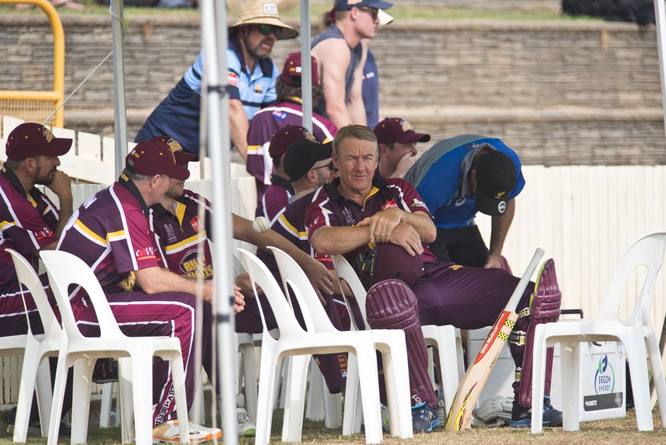 Bulls Masters player Andy Bichel prepares to bat against the Australian Country XI in Australian Country Cricket Championships exhibition match at Heritage Oval, Sunday, January 5, 2020. Picture: Kevin Farmer