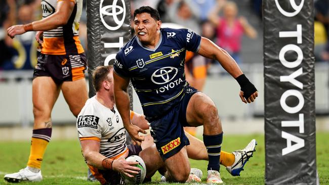 Jason Taumalolo scored a crucial try against the Broncos earlier this year. Picture: Alix Sweeney