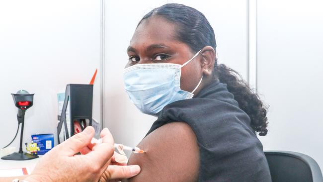 Fraya Morrison 11 gets her jab. Picture: Glenn Campbell