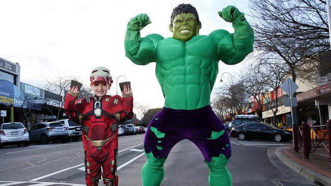 The Hulk and Iron Man (aka Koby, 6) in Main Street Croydon earlier this year. Picture: George Salpigtidis.