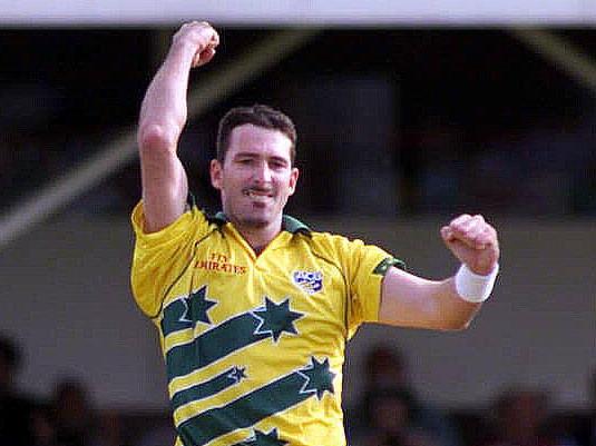 Damien Fleming celebrates taking the wicket of South Africa’s Shaun Pollock in the 1999 World Cup semi-final.