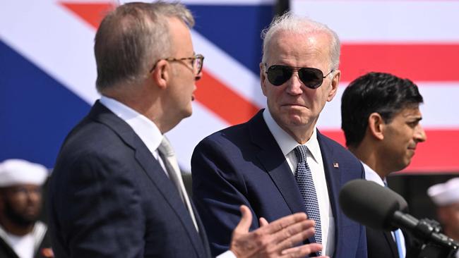 US President Joe Biden (C), British Prime Minister Rishi Sunak (R) and Anthony Albanese (L) hold a press conference during the AUKUS summit in March. Picture; AFP.