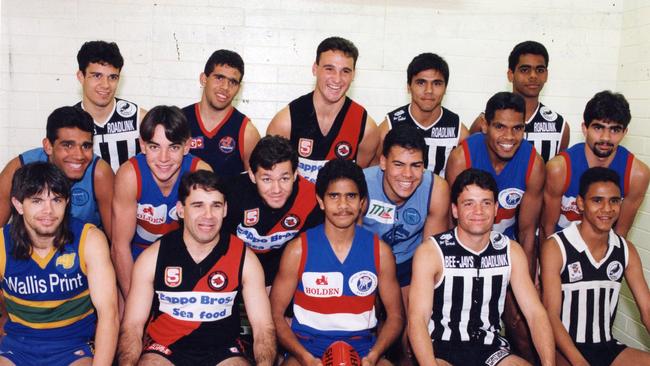 The SANFL’s Indigenous footballers in 1993. (Front) Vivian O'Brien, Eddie Hocking, Michael O’Loughlin, Troy Bond, David Cockatoo-Collins. (Middle) Joe Wyatt, Justin Lampard, Ian Taylor, Dudley Ah Chee, Shane Tongerie, Wayne Milera. (Back) Shane Bond, Neville Abdullah-Highfold, Barry Buckskin, Che Cockatoo-Collins, Eugene Warrior. Picture: Ray Titus