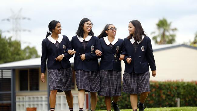 Top performing Year 12 students from Tangara School for Girls in Cherrybrook pictured after receiving their HSC marks. L to R, Amy Weber, Amy Haryanto, Jasmine Aitken and Olivia Bosworth. Picture: Sam Ruttyn