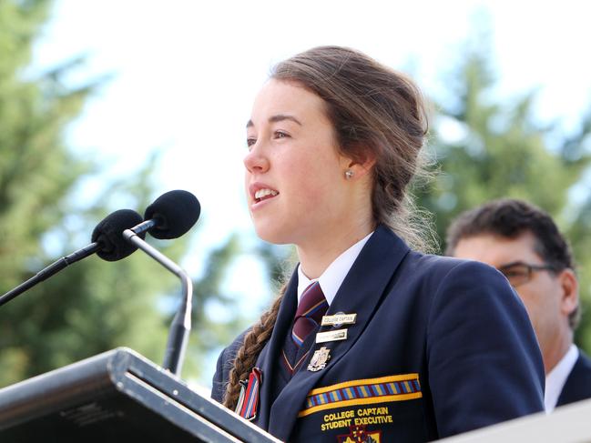 Scotch Oakburn student Amelia Pearson addresses the Anzac Day service in Launceston. Picture: ROSS MARSDEN