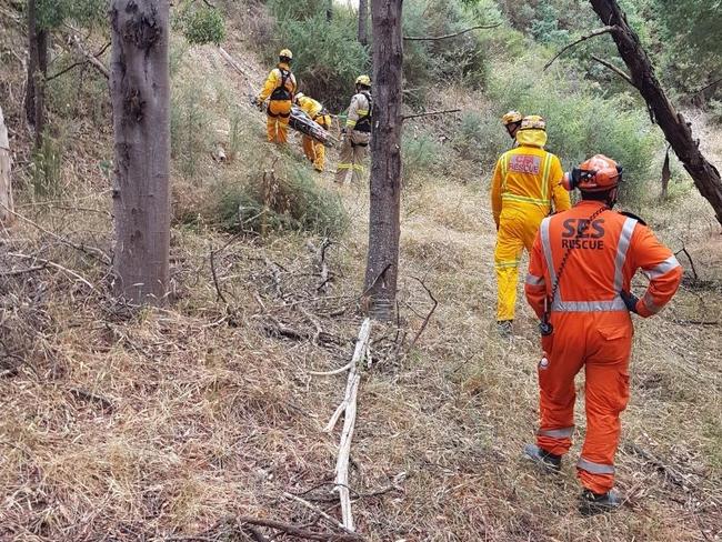 SES volunteers at the Black Hill Reserve steep angle rescue on Tuesday.