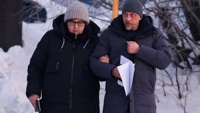 Lyudmila Navalnaya, mother of Alexei Navalny, and lawyer Vasily Dubkov arrive in the town of Salekhard, near the prison colony where her son died. Picture: Reuters/The Times