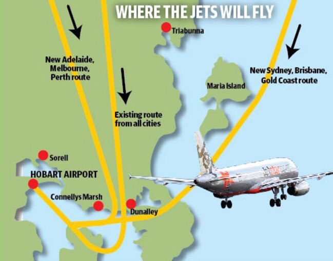 A map showing the proposed new flight routes into Hobart Airport.