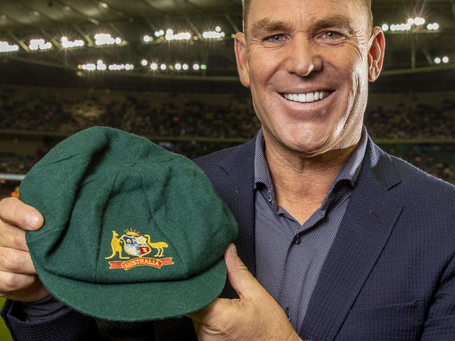 Shane Warne with his cap (just auction for $1 million) tonight at Marvel Stadium b before the Stars v Renegades. Picture: Tim Carrafa