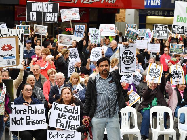 Locals gather to protest against the building of a youth justice centre in Werribee. Picture: Jake Nowakowski