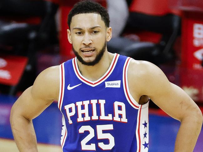 PHILADELPHIA, PENNSYLVANIA - MARCH 01: Ben Simmons #25 of the Philadelphia 76ers calls to teammates during the third quarter against the Indiana Pacers at Wells Fargo Center on March 01, 2021 in Philadelphia, Pennsylvania. NOTE TO USER: User expressly acknowledges and agrees that, by downloading and or using this photograph, User is consenting to the terms and conditions of the Getty Images License Agreement.   Tim Nwachukwu/Getty Images/AFP == FOR NEWSPAPERS, INTERNET, TELCOS & TELEVISION USE ONLY ==