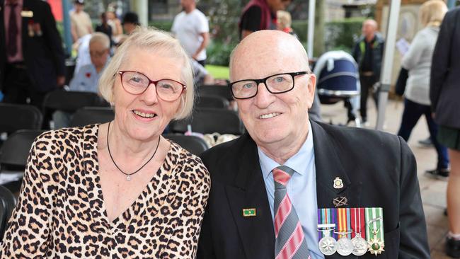 Judy Breddin and Bruce Breddin at the Surfers Paradise RSL Anzac Day noon service 2025 at Cavill Park for Gold Coast at Large. Picture, Portia Large.
