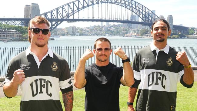 Victorian fighters Jimmy Crute, Jack Jenkins and Jono Micallef are plotting a Sydney takeover at UFC 312. Picture: Jeff Bottari/UFC