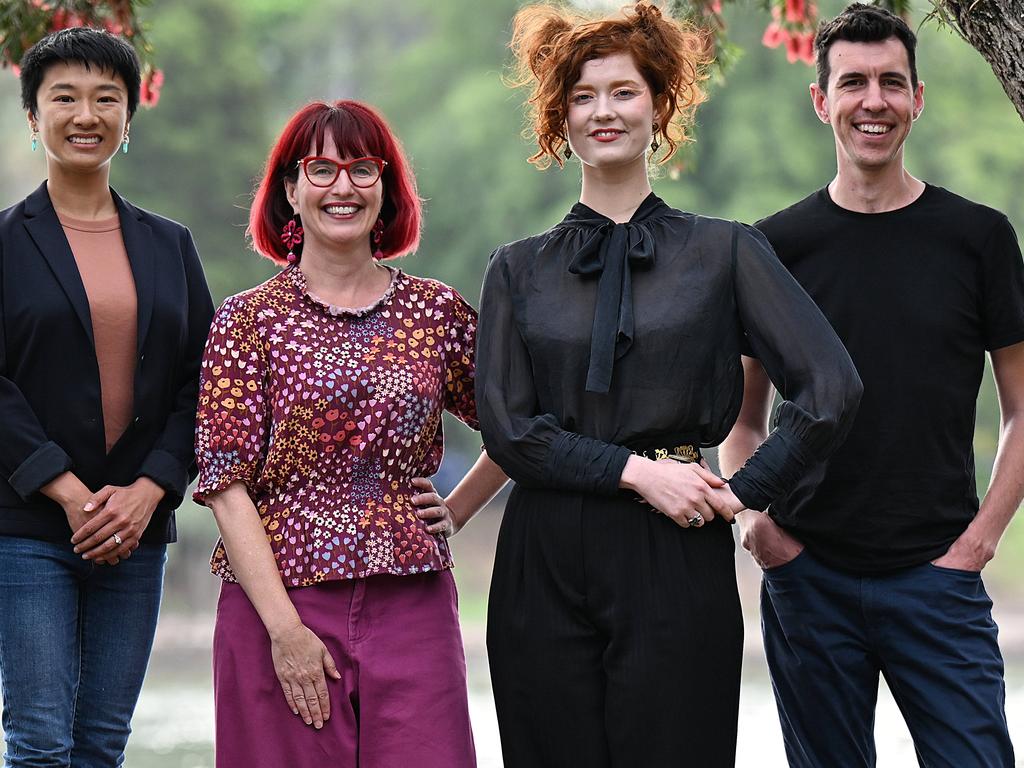 Greens candidates (from left) Holstein Wong for McConnel, Rebecca White for Greenslopes, Katinka Winston-Allom for Cooper and Liam Flenady for Miller. Picture: Lyndon Mechielsen/The Australian